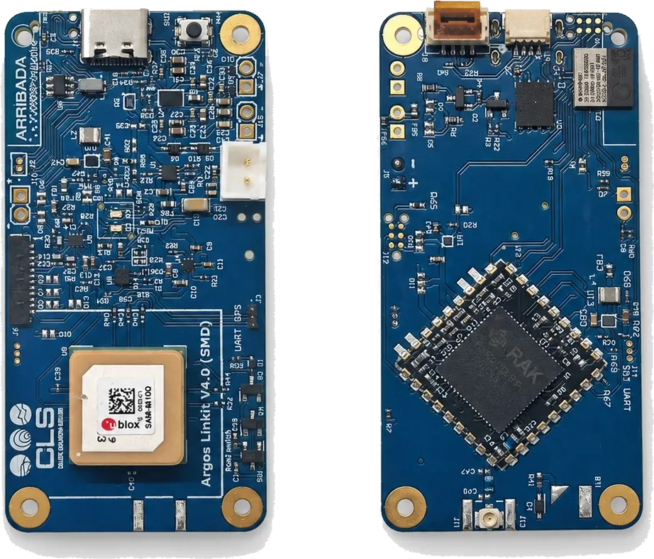 Linkit v4 board, top and bottom: GNSS antenna, Argos SMD module, connectors
