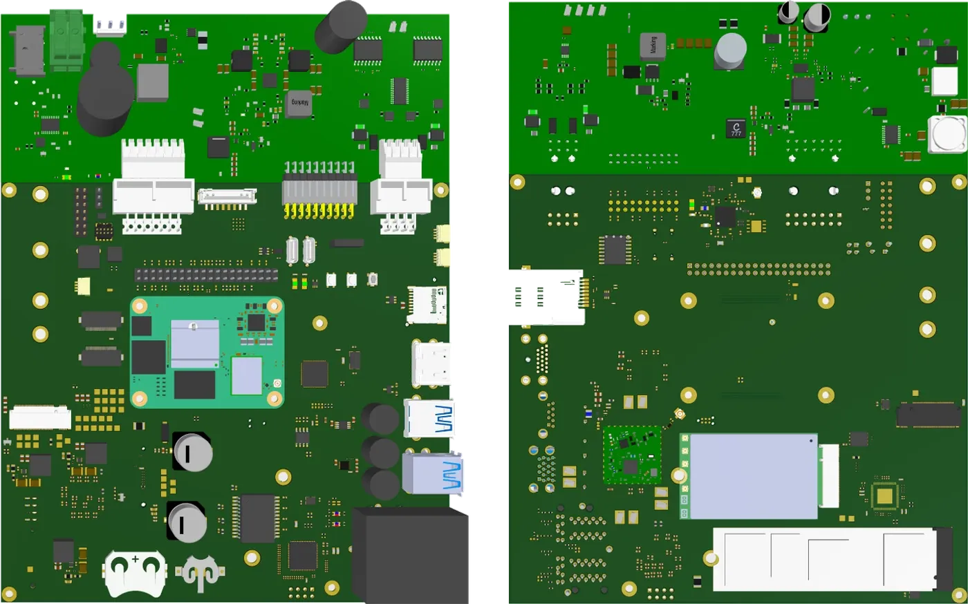3D render of the Marlin system, top and bottom: the I/O board for Raspberry Pi CM5 with its power board, from the Altium design files